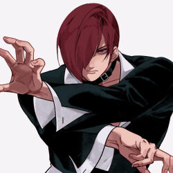 1boy arms_up belt_collar black_collar black_shirt closed_mouth collar collarbone collared_shirt commentary crossed_arms curled_fingers hair_over_one_eye hexermer highres layered_sleeves long_sleeves looking_ahead male_focus narrowed_eyes one_eye_covered outstretched_hand red_eyes red_hair shirt simple_background solo the_king_of_fighters upper_body white_background white_shirt yagami_iori