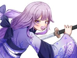 Rule 34 | 1girl, black bow, black sash, blush, bow, floral print kimono, gradient hair, grey hair, hair bow, hair flaps, highres, holding, holding sword, holding weapon, hololive, hololive english, japanese clothes, kimono, koseki bijou, koseki bijou (new year), long hair, looking at viewer, low twintails, multicolored hair, official alternate costume, pacifier, purple eyes, purple hair, purple kimono, sash, sharkudon, sword, twintails, very long hair, virtual youtuber, weapon