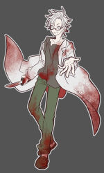 Rule 34 | 1boy, blood, blood in hair, blood on clothes, bloody weapon, blue eyes, brown footwear, chinese commentary, collarbone, commentary request, constricted pupils, full body, glasses, green pants, grey background, grey shirt, holding, holding knife, holding weapon, kanou aogu, knife, lab coat, long sleeves, male focus, nekomiya nayile, open clothes, outline, pants, reaching, reaching towards viewer, rectangular eyewear, saibou shinkyoku, semi-rimless eyewear, shirt, short hair, simple background, smile, solo, weapon, white hair, white outline