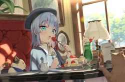 Rule 34 | 1girl, animal, blue eyes, blush, cat, chair, commentary request, cup, desk lamp, drink, eating, food, fork, fruit, hat, highres, holding, indie virtual youtuber, indoors, kanzarin, kanzarin (vtuber), lamp, looking at viewer, open mouth, original, picture frame, sitting, strawberry, table, virtual youtuber, window