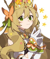 Rule 34 | 1girl, blonde hair, bow, butterfly hair ornament, celine (fire emblem), closed mouth, commentary, crown, dress, elbow gloves, fire emblem, fire emblem engage, flower, gloves, green eyes, green ribbon, hair between eyes, hair flower, hair ornament, hair ribbon, highres, long sleeves, looking at viewer, nintendo, own hands together, ribbon, smile, solo, upper body, white background, white gloves, wrist bow, yu go8