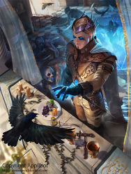 Rule 34 | 1boy, alcohol, alex negrea, bird, blonde hair, blood, blue eyes, candle, cape, curtains, dagger, facial mark, feathers, food, fruit, gloves, glowing, glowing eyes, hair ornament, knife, leaf, legend of the cryptids, long hair, low ponytail, male focus, monster, official art, crow, sword, tiara, weapon, wine