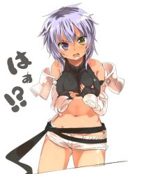Rule 34 | 1girl, armor, bare shoulders, blush, breasts, covering privates, covering breasts, female focus, fingerless gloves, gauntlets, gloves, halterneck, halterneck, hati (shirow), heterochromia, large breasts, midriff, navel, original, purple hair, shirow (crazy), short hair, short shorts, shorts, solo, white background
