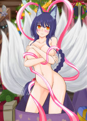 Rule 34 | 1girl, :3, absurdres, ahri (league of legends), amumu, animal ear fluff, animal ears, blush, braid, breasts, christmas, collarbone, completely nude, cowboy shot, fox ears, fox tail, groin, highres, large breasts, league of legends, long hair, nautilus (league of legends), navel, nude, orange eyes, pink ribbon, popoman, ribbon, shiny skin, smile, solo, tail, white ribbon