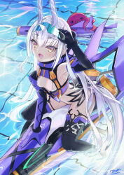 Rule 34 | 1girl, asobeco, bare shoulders, bikini, black gloves, black thighhighs, blue gloves, breasts, detached sleeves, dragon tail, elbow gloves, fate/grand order, fate (series), forked eyebrows, gloves, goggles, goggles on head, highres, horns, long hair, looking at viewer, melusine (fate), melusine (swimsuit ruler) (fate), melusine (swimsuit ruler) (third ascension) (fate), navel, octopus, pool, sidelocks, small breasts, swimsuit, tail, thighhighs, thighlet, torpedo, two-tone gloves, water, white bikini, white hair, yellow eyes