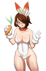 Rule 34 | 1girl, bandages, bare shoulders, breasts, brown eyes, brown hair, cameltoe, cleavage, creatures (company), deareditor, eyebrows, game freak, gloria (pokemon), gloves, highres, leotard, looking at viewer, matching hair/eyes, medium breasts, nintendo, playboy bunny, pokemon, pokemon swsh, short hair, simple background, smile, solo, standing, tongue, tongue out, white background
