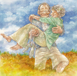 Rule 34 | 1boy, 1girl, barefoot, carrying, couple, closed eyes, flower, glasses, hair flower, hair ornament, happy, hetero, hug, ina (gonsora), old, old man, old woman, original, princess carry, shoes, smile, white hair
