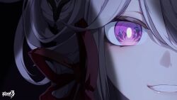Rule 34 | 1girl, bright pupils, close-up, closed mouth, copyright name, grey hair, highres, honkai (series), honkai impact 3rd, logo, official art, purple eyes, red ribbon, ribbon, second-party source, thelema (honkai impact), white pupils