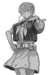 Rule 34 | 1girl, belt, breasts, finger gun, greyscale, hair between eyes, hand on own hip, highres, intrepid (kancolle), kantai collection, large breasts, monochrome, mrdotd, neck pillow, one eye closed, ponytail, pouch, shirt, short sleeves, simple background, sketch, skirt, solo