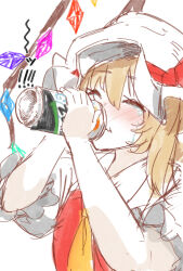 Rule 34 | 1girl, ascot, blonde hair, can, closed eyes, closed mouth, commentary request, crying, crystal, drinking, flandre scarlet, hair between eyes, hands up, hat, highres, holding, holding can, kiyonetto, mob cap, puffy short sleeves, puffy sleeves, red vest, short sleeves, simple background, sketch, solo, streaming tears, tears, touhou, upper body, vest, white background, wings, yellow ascot
