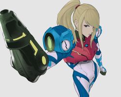 Rule 34 | 1girl, arm cannon, arm up, arqa, blonde hair, blue eyes, clenched hand, fisheye, looking at viewer, metroid, metroid dread, nintendo, ponytail, power suit, samus aran, sidelocks, weapon, white background