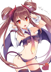 Rule 34 | 1girl, asymmetrical sleeves, bare shoulders, belt, black thighhighs, breasts, chestnut mouth, cowboy shot, demon girl, demon horns, demon tail, demon wings, detached collar, detached sleeves, eyebrows, fang, frills, groin, hair between eyes, hair rings, hands up, horns, kedama milk, long hair, looking at viewer, navel, necktie, open mouth, original, panties, pointy ears, purple necktie, purple panties, purple wings, red eyes, see-through, side-tie panties, sidelocks, small breasts, solo, sparkle, stomach, strapless, tail, thighhighs, twintails, underwear, underwear only, uneven sleeves, very long hair, white background, wings, wrist cuffs