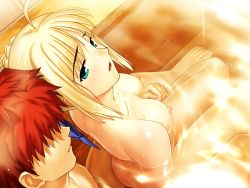 Rule 34 | 1boy, 1girl, ahoge, artoria pendragon (all), artoria pendragon (fate), bath, blonde hair, blush, breasts, couple, emiya shirou, fate/hollow ataraxia, fate/stay night, fate (series), feet, from above, from behind, game cg, green eyes, hetero, looking back, mixed-sex bathing, nipples, nude, red hair, reversed, saber (fate), shared bathing, takeuchi takashi, thighs, third-party edit, type-moon, water