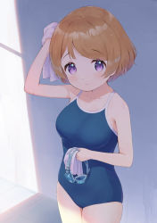 Rule 34 | 1girl, artist name, artist request, bare shoulders, blue one-piece swimsuit, blush, breasts, brown hair, collarbone, competition swimsuit, female focus, goggles, hair between eyes, highres, holding, holding goggles, holding towel, koizumi hanayo, looking at viewer, love live!, love live! school idol project, medium breasts, one-piece swimsuit, parted lips, purple eyes, short hair, smile, solo, swimsuit, towel, wet, wet hair