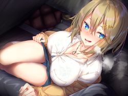 Rule 34 | 1boy, 1girl, blonde hair, blue eyes, blue panties, blue skirt, blush, breasts, breath, brown cardigan, buttons, cardigan, censored, cleavage, clothes lift, collarbone, collared shirt, dress shirt, eyelashes, hair between eyes, hair ornament, hairclip, handjob, heavy breathing, hetero, highres, jewelry, kneehighs, large breasts, long sleeves, looking at viewer, lying, medium hair, miniskirt, necklace, on side, open cardigan, open clothes, open mouth, original, panties, penis, pleated skirt, rozea (graphmelt), school uniform, shirt, skirt, skirt lift, sleeves past wrists, smile, socks, solo focus, unbuttoned, unbuttoned shirt, underwear, white shirt, white socks, wing collar