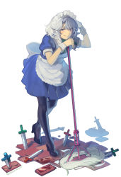 Rule 34 | 1girl, apron, beret, black pantyhose, blood, blue eyes, blush, boa (brianoa), braid, commentary, english commentary, full body, green neckwear, green ribbon, hair ribbon, hat, hat ornament, high heels, highres, izayoi sakuya, knife, looking at viewer, maid, maid apron, maid headdress, medium hair, mop, one eye closed, pantyhose, ribbon, silver hair, simple background, solo, standing, star (symbol), star hat ornament, touhou, tress ribbon, twin braids, twitter username, white background, wrist cuffs