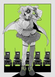 Rule 34 | 1girl, ahoge, alcohol, arknights, border, dress shirt, drone, dslr, floating clothes, full body, green background, grey border, greyscale, greyscale with colored background, hands up, highres, jacket, lens (arknights), long sleeves, material growth, monochrome, necktie, open clothes, open jacket, oripathy lesion (arknights), outside border, pleated skirt, scene (arknights), shirt, shoes, short hair, side ponytail, simple background, single sock, single thighhigh, skirt, socks, solo, spot color, straight-on, taking picture, thigh strap, thighhighs, wine, yonezoudazo