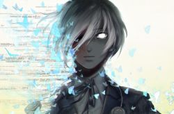 Rule 34 | 1boy, avodkabottle, blue jacket, bug, butterfly, closed mouth, commentary, english text, face, grey hair, hair over one eye, insect, jacket, looking at viewer, male focus, neck ribbon, one eye covered, persona, persona 3, ribbon, solo, white eyes, yuuki makoto (persona 3)