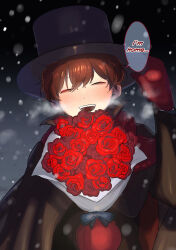 Rule 34 | 1boy, bags under eyes, black cloak, blurry, blurry background, bocchan (shinigami bocchan to kuro maid), bouquet, brown hair, cloak, closed eyes, colorized, flower, hat, highres, holding, holding bouquet, inoue koharu, mittens, outdoors, red flower, red mittens, red rose, rose, shinigami bocchan to kuro maid, smile, snowing, top hat