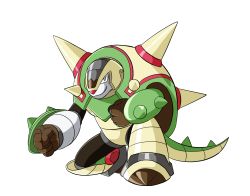 Rule 34 | chesnaught, commentary request, creatures (company), full body, game freak, gen 6 pokemon, highres, looking at viewer, mechanization, mega man (series), mega man x (series), nintendo, no humans, parody, pokemon, pokemon (creature), smile, solo, spiked tail, spikes, spray poka, standing, style parody, tail, transparent background