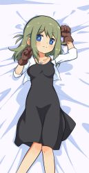 Rule 34 | 1girl, absurdres, arm up, bed sheet, black dress, blue eyes, blush, borrowed character, breasts, brown gloves, closed mouth, collarbone, commentary request, cropped jacket, dress, feet out of frame, female focus, from above, gloves, green hair, highres, jacket, jewelry, looking at viewer, luke (b10a3123m), lying, medium breasts, necklace, on back, open clothes, open jacket, original, smile, solo, white jacket, yunomiya agari