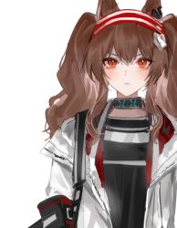 Rule 34 | 1girl, angelina (arknights), animal ears, arknights, bag, black shirt, blouse, blush, brown hair, closed mouth, eyebrows hidden by hair, female focus, hair between eyes, hairband, highres, infection monitor (arknights), jacket, long hair, looking at viewer, red eyes, red hairband, shirt, shoulder bag, sidelocks, simple background, solo, sowb, striped clothes, striped hairband, twintails, upper body, v-shaped eyebrows, white background, white jacket