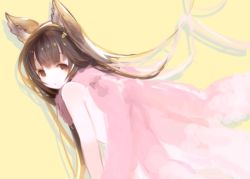 Rule 34 | 10s, 1girl, animal ears, aster (granblue fantasy), brown eyes, brown hair, erune, feather boa, from behind, granblue fantasy, hair ornament, koza game, long hair, looking back, matching hair/eyes, nude, simple background, solo, yellow background