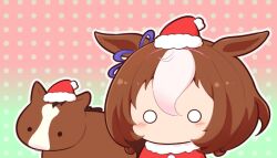 Rule 34 | animal ears, blush stickers, bow, brown hair, commentary, creature and personification, ear ribbon, fur-trimmed headwear, fur trim, gomashio (goma feet), hair between eyes, hairband, hat, horse, horse ears, horse girl, light brown hair, meisho doto (racehorse), meisho doto (umamusume), minimized, no mouth, o o, pink hairband, pom pom (clothes), purple ribbon, real life, ribbon, santa hat, short hair, umamusume