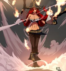 Rule 34 | 1girl, breasts, bursting breasts, cleavage, dual wielding, explosion, firing, floating hair, full body, gun, hair over one eye, handgun, hat, holding, large breasts, league of legends, long hair, looking at viewer, midriff, pirate hat, pistol, red hair, miss fortune (league of legends), shotgun, smoke, solo, standing, very long hair, weapon, wind
