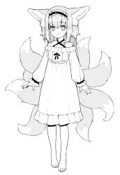 Rule 34 | 1girl, alternate hairstyle, animal ear fluff, animal ears, arknights, bare shoulders, barefoot, cat-quest-sun, criss-cross halter, dress, fox ears, fox girl, fox tail, frilled dress, frilled hairband, frills, full body, greyscale, hairband, halterneck, highres, long hair, long sleeves, looking at viewer, material growth, monochrome, multicolored hair, multiple tails, nightgown, oripathy lesion (arknights), ribbon, sidelocks, sleepwear, smile, solo, standing, suzuran (arknights), tail