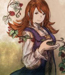 Rule 34 | 1girl, breasts, brown eyes, closed mouth, commentary request, curly hair, dress, earrings, final fantasy, final fantasy iii, jewelry, long hair, looking at viewer, maeka (kumaekake), medium breasts, orange hair, refia, smile, solo
