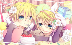 Rule 34 | 1boy, 1girl, blonde hair, blue eyes, bow, brother and sister, cake, eating, flower, food, food on face, fork, fruit, gift, hair bow, hair ornament, happy birthday, holding, kagamine len, kagamine rin, kuroi (liar-player), lying, mouth hold, on stomach, open mouth, ribbon, short hair, siblings, strawberry, stuffed animal, stuffed toy, toy, twins, vocaloid