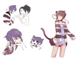 Rule 34 | 10s, 2girls, akaji (alpha0107), animal ears, belt, blush, boku no hero academia, cat ears, cat tail, cat teaser, chibi, collar, earlobes, extra ears, fang, fishnets, hand on another&#039;s chin, highres, holding, jirou kyouka, kemonomimi mode, long earlobes, long sleeves, looking at another, looking at viewer, multiple girls, multiple views, open mouth, partially colored, purple hair, sleeveless, sleeves past wrists, striped, sweat, tail, white background, yaoyorozu momo