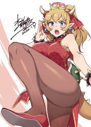 Rule 34 | 1girl, :o, alternate costume, armlet, bare arms, bare shoulders, blonde hair, blue eyes, bowsette, bracelet, brown pantyhose, china dress, chinese clothes, collar, commentary request, crown, dated, dress, earrings, hair ribbon, hand up, horns, jewelry, knee up, long hair, looking at viewer, mario (series), mizuryu kei, new super mario bros. u deluxe, nintendo, pantyhose, pointy ears, ponytail, red dress, red footwear, red ribbon, ribbon, shoes, signature, sleeveless, sleeveless dress, solo, spiked armlet, spiked bracelet, spiked collar, spiked shell, spiked tail, spikes, super crown, tail, thick eyebrows, thighs, turtle shell