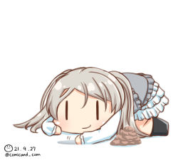 Rule 34 | 1girl, black footwear, boots, chibi, closed mouth, conte di cavour (kancolle), dated, digging, dirt, dress, frilled dress, frills, kantai collection, long hair, long sleeves, lying, one-hour drawing challenge, shiromaru (maniado), silver hair, simple background, smile, solo, twitter username, two side up, white background, white dress, | |