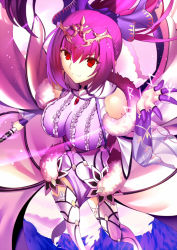 Rule 34 | 1girl, boots, breasts, closed mouth, dress, fate/grand order, fate (series), fur trim, hair between eyes, hair ribbon, highres, jewelry, large breasts, long hair, looking at viewer, paperfinger, pendant, ponytail, purple dress, purple footwear, purple hair, purple ribbon, red eyes, ribbon, runes, scathach (fate), scathach skadi (fate), scathach skadi (third ascension) (fate), smile, solo, thigh boots, thighhighs, tiara, wand