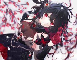 Rule 34 | 1girl, black dress, black hair, bug, butterfly, closed mouth, colored inner hair, dress, flower, gloves, honkai (series), honkai impact 3rd, insect, kinou no kinoko, long hair, multicolored hair, official alternate costume, official alternate hair length, official alternate hairstyle, red butterfly, red eyes, red flower, red gloves, red hair, seele (alter ego), seele vollerei, seele vollerei (starchasm nyx), smile, white background