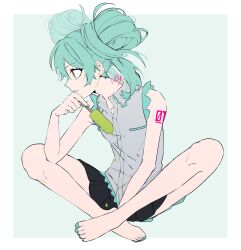 Rule 34 | 1girl, alternate hairstyle, aqua eyes, aqua hair, aqua nails, bare shoulders, barefoot, between legs, black skirt, border, commentary, crossed legs, double bun, eiku, expressionless, full body, grey background, grey shirt, hair bun, hand between legs, hand up, hatsune miku, highres, holding food, holding popsicle, looking to the side, medium hair, melting, miniskirt, no neckwear, number tattoo, parted lips, popped collar, popsicle, shirt, shoulder tattoo, simple background, sitting, skirt, sleeveless, sleeveless shirt, solo, tattoo, vocaloid, white border
