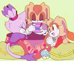 Rule 34 | 3girls, absurdres, blaze the cat, brown eyes, cat girl, chao (sonic), child, closed eyes, cream the rabbit, dress, furry, furry female, gloves, happy, highres, interlocked fingers, kotatsu, looking at another, mother and daughter, multiple girls, open mouth, own hands together, rabbit girl, sitting, sleeping, smile, sonic (series), stellarspin, table, tail, vanilla the rabbit, white gloves