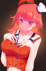 Rule 34 | 1girl, absurdres, breast press, breasts, chef hat, collarbone, commentary, gradient background, hands on own chest, hat, highres, hololive, hololive english, looking at viewer, medium breasts, orange hair, orange hat, purple eyes, smile, solo, symbol-only commentary, takanashi kiara, takanashi kiara (1st costume), virtual youtuber, wanghua, white hat