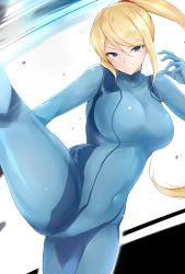 Rule 34 | 1girl, absurdres, blonde hair, blue bodysuit, blue eyes, bodysuit, breasts, covered navel, curvy, highres, kicking, large breasts, leg lift, long hair, maruyaa (malya1006), metroid, mole, mole under mouth, nintendo, ponytail, samus aran, simple background, skin tight, solo, standing, standing on one leg, white background, zero suit