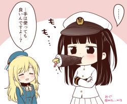 Rule 34 | 10s, 2girls, atago (kancolle), beret, black hair, blonde hair, blush, commentary request, crossed arms, eating, ehoumaki, closed eyes, female admiral (kancolle), food, food in mouth, hat, kantai collection, little girl admiral (kancolle), long hair, makizushi, migu (migmig), military, military uniform, multiple girls, naval uniform, open mouth, peaked cap, setsubun, sushi, translation request, twintails, twitter username, uniform