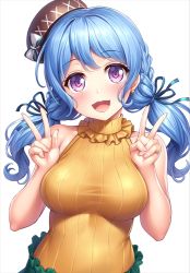 Rule 34 | 1girl, :d, alternate hairstyle, bang dream!, black hat, blue hair, blue ribbon, blush, bow, braid, breasts, double v, earrings, frilled shirt collar, frills, hair ribbon, hat, hat bow, jewelry, lambda (kusowarota), long hair, looking at viewer, matsubara kanon, medium breasts, open mouth, pocket, purple eyes, ribbed sweater, ribbon, simple background, sleeveless, sleeveless sweater, smile, solo, strap slip, sweater, tight clothes, twintails, upper body, v, white background, white bow, yellow sweater
