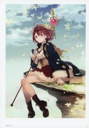 Rule 34 | 1girl, absurdres, atelier (series), atelier sophie, blush, boots, breasts, brown eyes, brown hair, cloud, corset, cross-laced footwear, flower, full body, highres, jewelry, lace-up boots, looking at viewer, medium breasts, necklace, noco (adamas), official art, outdoors, scan, short hair, sitting, smile, solo, sophie neuenmuller, staff