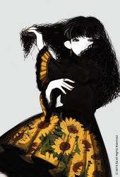 Rule 34 | 1girl, black dress, black hair, dress, earrings, floral print, flower, grey background, hands up, highres, jewelry, long hair, nail polish, original, print dress, simple background, solo, toktin zq, upper body, yellow flower, yellow nails