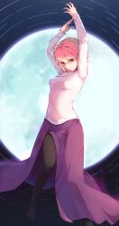 Rule 34 | 1girl, absurdres, antenna hair, arcueid brunestud, arms up, black pantyhose, blonde hair, breasts, claw pose, commentary request, copybird, fingernails, floating, full body, full moon, grin, hair between eyes, high heels, highres, huge moon, impossible clothes, impossible sweater, jewelry, legs apart, long skirt, long sleeves, looking at viewer, medium breasts, moon, moonlight, necklace, night, outdoors, pantyhose, pumps, purple footwear, purple skirt, red eyes, sharp fingernails, short hair, side slit, skirt, sky, slit pupils, smile, smirk, solo, star (sky), starry sky, sweater, taut clothes, taut sweater, tsukihime, white sweater
