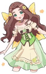 Rule 34 | 1girl, :d, blue eyes, blush, breasts, brown hair, choker, cropped legs, dress, flower, green dress, hair flower, hair ornament, highres, idolmaster, idolmaster cinderella girls, kahiika, kusakabe wakaba, long hair, open mouth, simple background, small breasts, smile, solo, star (symbol), white background