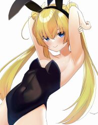Rule 34 | &gt;:), 1girl, ahoge, animal ears, arm behind head, armpits, arms up, bare arms, black leotard, blonde hair, blue eyes, blunt ends, blush, breasts, closed mouth, commentary request, covered navel, crossed bangs, double bun, eyelashes, eyes visible through hair, fake animal ears, hair between eyes, hair bun, highleg, highleg leotard, highres, leaning back, leotard, lips, long hair, looking at viewer, playboy bunny, rabbit ears, shirayuki noa, small breasts, smile, solo, standing, straight hair, tenshi souzou re-boot!, tft (tft7822), twintails, v-shaped eyebrows, very long hair, wing hair ornament