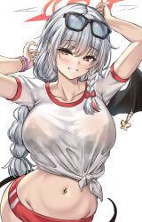 Rule 34 | 1girl, bow, bracelet, braid, breasts, bush, cenangam, collarbone, eyewear on head, grey hair, hair bow, halo, haruna (blue archive), haruna (track) (blue archive), highres, jewelry, large breasts, long hair, looking at viewer, navel, red bow, red eyes, red halo, shirt, short sleeves, simple background, smile, solo, unfinished, very long hair, white background, white shirt, wings