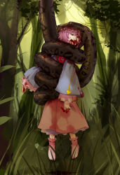 Rule 34 | 1girl, animal, bad end, bad id, bad pixiv id, bee (deadflow), biting, blood, blouse, coiled, day, eating, feet, female focus, forest, grass, guro, heart, jungle, komeiji satori, nature, outdoors, pink hair, predator and prey, shimo (depthbomb), shirt, short hair, skirt, snake, socks, solo, tears, third eye, tongue, touhou, tree, vore, wide sleeves